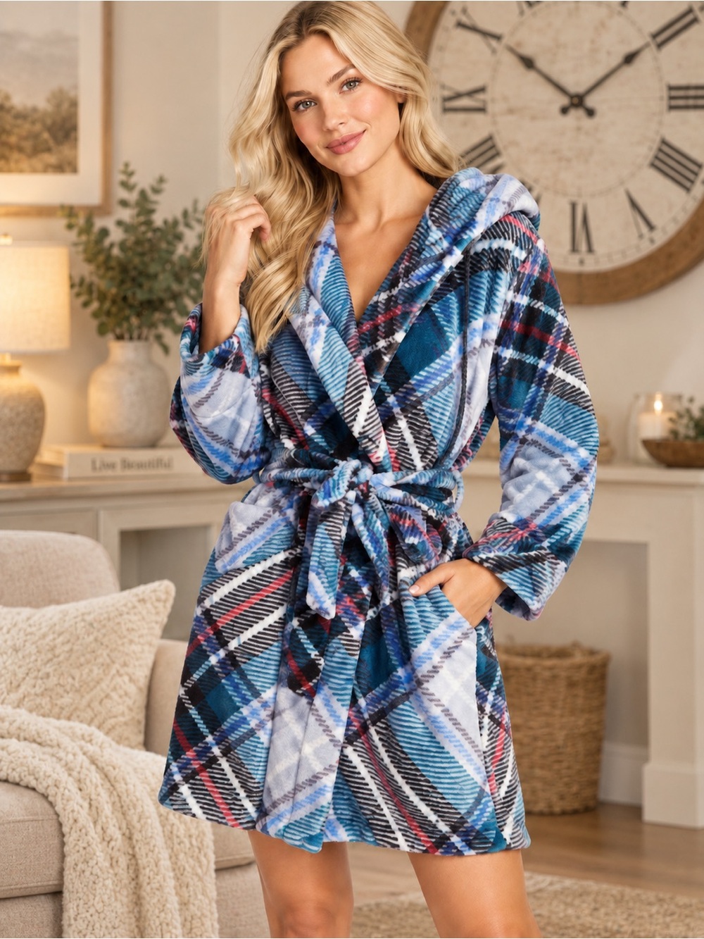 New Vera Bradley Multicolor Plaid Belted Robe